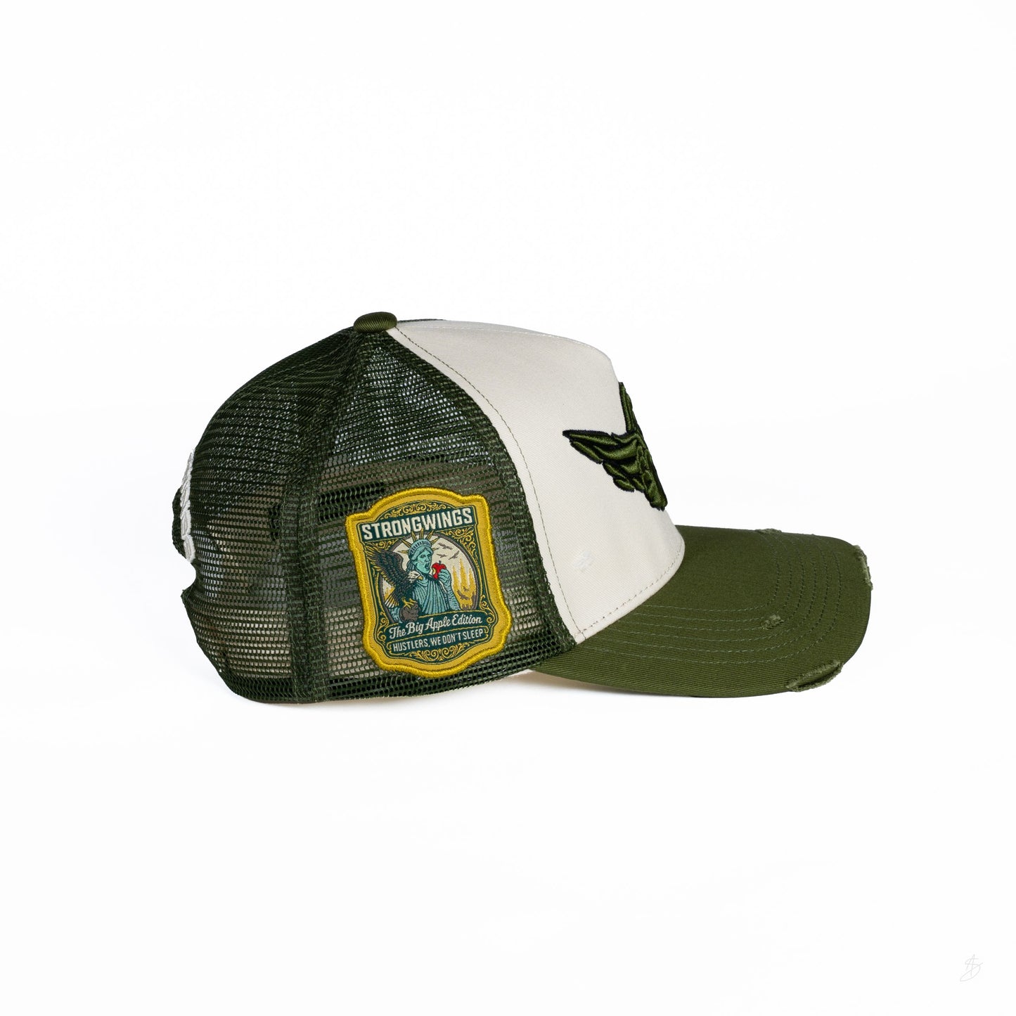 StrongWings Khaki Green & Cream Trucker Hat Symbol – The Big Apple Edition